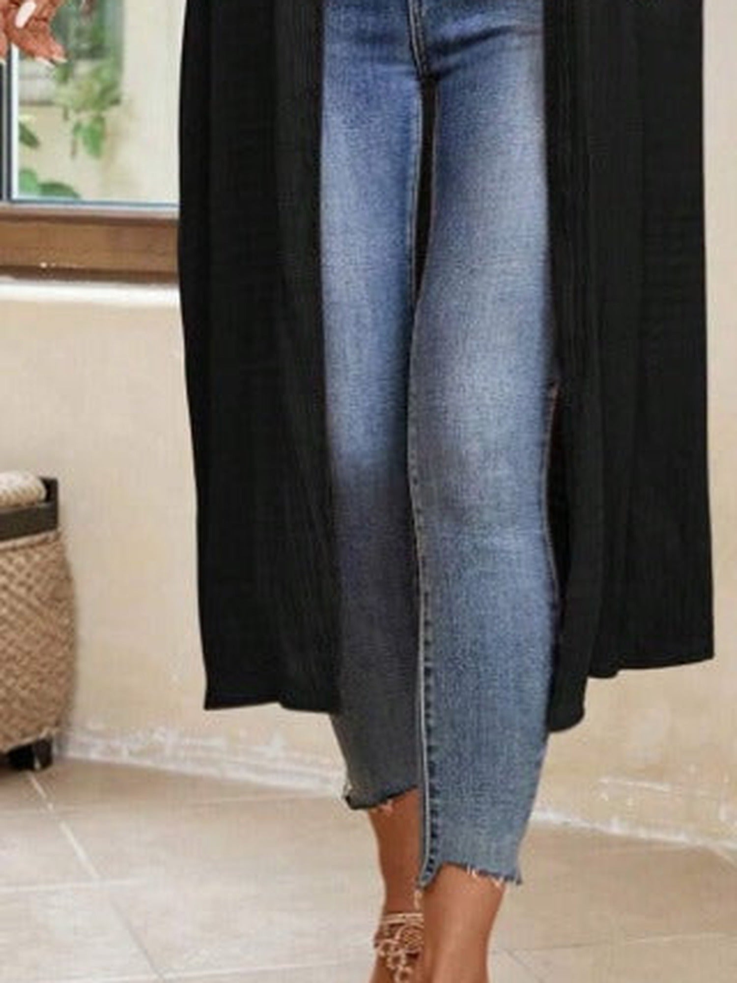 65% Viscose Long Open Kimono Duster – Women – Black – worn